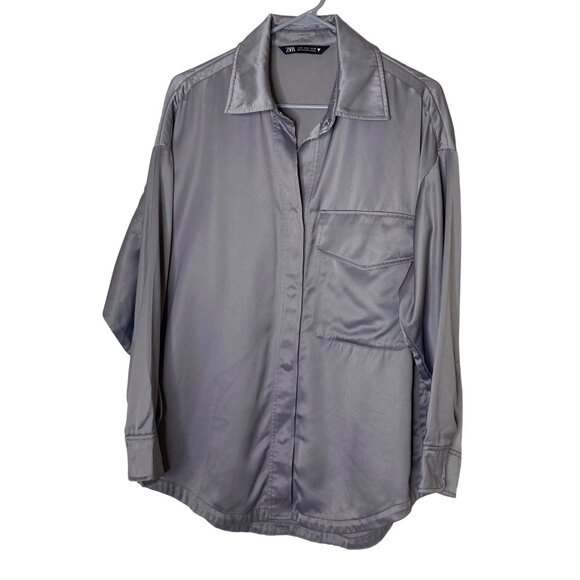 ZARA Satin Effect Snap Front Oversized Shacket Silver Long Sleeve Pocket Shirt S - Picture 1 of 8
